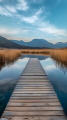 Fototapeta premium Scenic wooden pathway crossing reflective waters in nature image