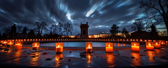 Fototapeta premium Remembrance Day Memorial with Flickering Candles at Night - Warm Glow and Reflective Atmosphere