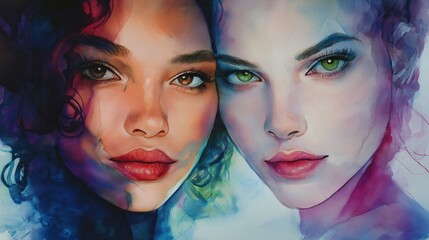 Obraz premium Contrasting Visions: A watercolor portrayal of two women’s unique beauty and expressions against a vibrant gradient background