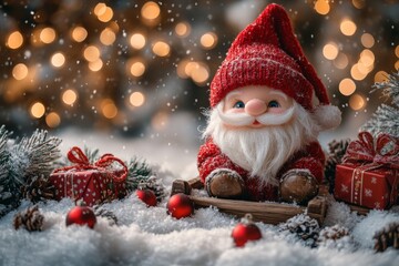 Obraz premium Christmas greeting card with Santa Claus toy and gift box on bokeh background. Christmas background. Santa Claus on a small wooden sleigh with gifts.