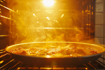A pan of food is cooking in an oven, with steam and smoke rising from it