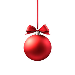 red Christmas ball with ribbon and a bow, isolated on background. Generative AI