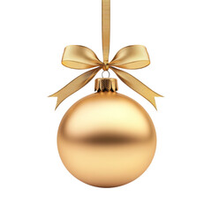 gold Christmas ball with ribbon and a bow, isolated on background. Generative AI