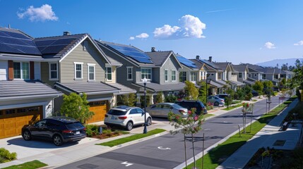 Sustainable Suburban Neighborhood with Solar Panels and Electric Cars under Sunny Skies