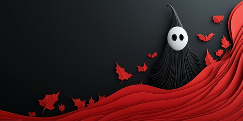 A spooky Halloween ghost figure with wide eyes, surrounded by red autumn leaves on a dark background. The red and black contrast gives the image a striking, eerie feel, perfect for Halloween themes.