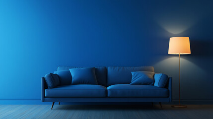 blue sofa with lamp in blue living room 