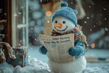 A snowman reading a newspaper with the headline 