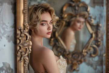 A woman is standing in front of a mirror, wearing a gold dress