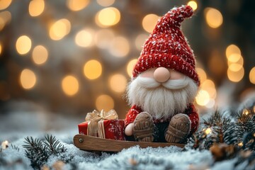 Obraz premium Santa Claus on a small wooden sleigh with gifts. Christmas greeting card. Christmas decoration with Santa Claus toy and gift box on bokeh background.
