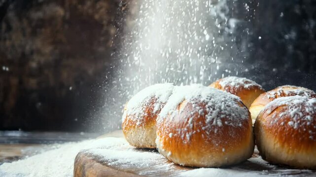 Baker dusting round loaves of bread with powdered sugar