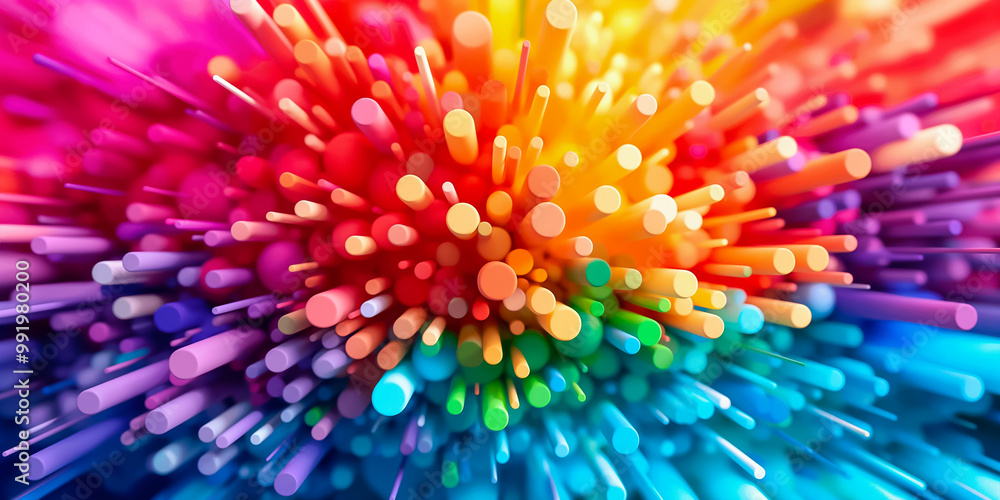 Poster a stunning background design showcases a dynamic explosion of colors with lines and dots radiating o