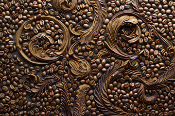 A close up of coffee beans with a gold leaf design