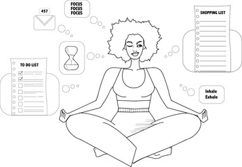 Illustration femme noire méditation concentration pensées charge mentale listes à faire lignes vecteur
