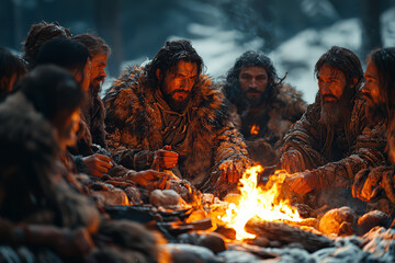 A Neolithic tribe gathering around a communal fire during the winter solstice, sharing stories and food as a precursor to Christmas traditions. Concept of early winter celebrations.
