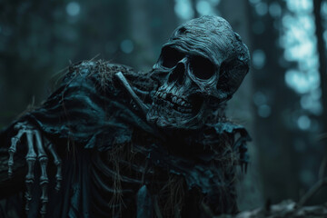 A skeleton is sitting in a forest with a blanket draped over it