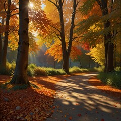 Obraz premium autumn leaves falling on a sun-drenched path. Warm colors, soft brushstrokes, and a sense of peace