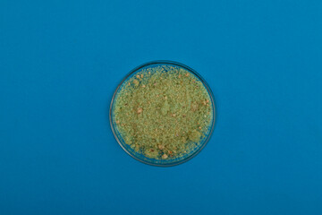 Iron(II) sulphate or ferrous sulfate in Petri dish, top view. Salt with chemical formula FeSO4....