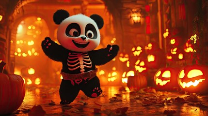 A cheerful cartoon panda in a skeleton costume, dancing in a haunted house filled with glowing pumpkins.