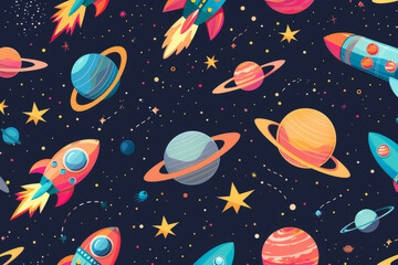 A colorful space scene with many planets and rockets