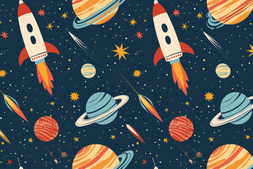 A colorful space scene with a rocket and planets