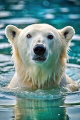 Polar bear swims in a cold pool with its mate and plays in the water