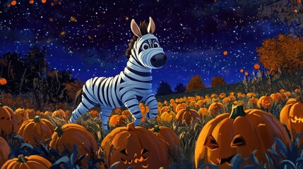 Fototapeta premium A cheerful cartoon zebra dressed as a mummy, galloping through a pumpkin patch under a starry Halloween sky.
