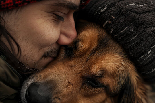 A man is hugging a dog with a brown and black coat