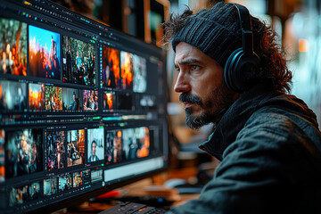 Fototapeta premium A filmmaker editing a movie, fine-tuning every detail for perfection. Concept of dedication and attention to detail in achieving success in film.