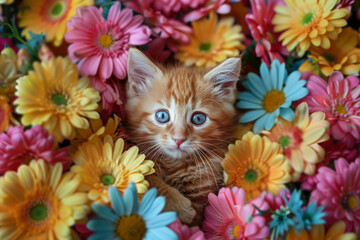 A kitten is curled up in a bed of flowers