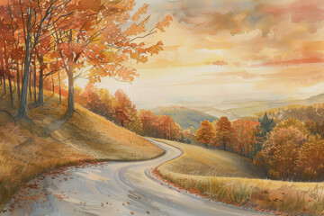 Obraz premium A painting of a road with trees in the background