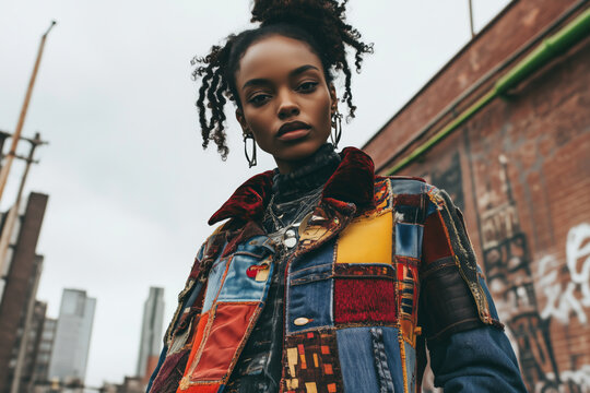 A model showcases a vibrant patchwork outfit against a cityscape backdrop in an urban setting during cloudy weather