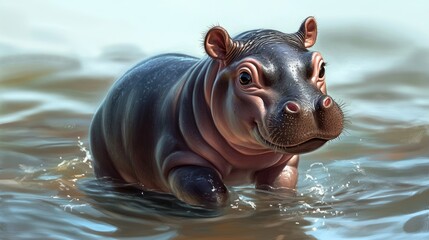 Fototapeta premium A cute baby hippopotamus wading through shallow water, its tiny legs and curious expression adding to the cheerful atmosphere.
