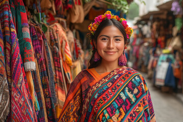 Fototapeta premium A colorful artisan marketplace showcasing vibrant textiles and handmade crafts in a bustling town square during midday