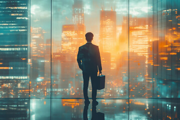 Fototapeta premium A thoughtful businessman gazes out over a vibrant city skyline at sunset, briefcase in hand, contemplating future opportunities and challenges