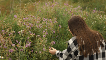 Woman Observing Wildflowers in a Meadow