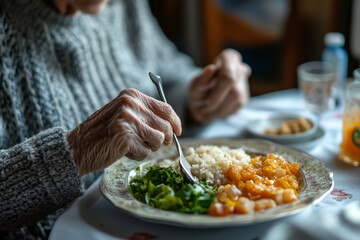 Elderly person savoring a homemade meal with loving attention at a cozy dining table in autumn light