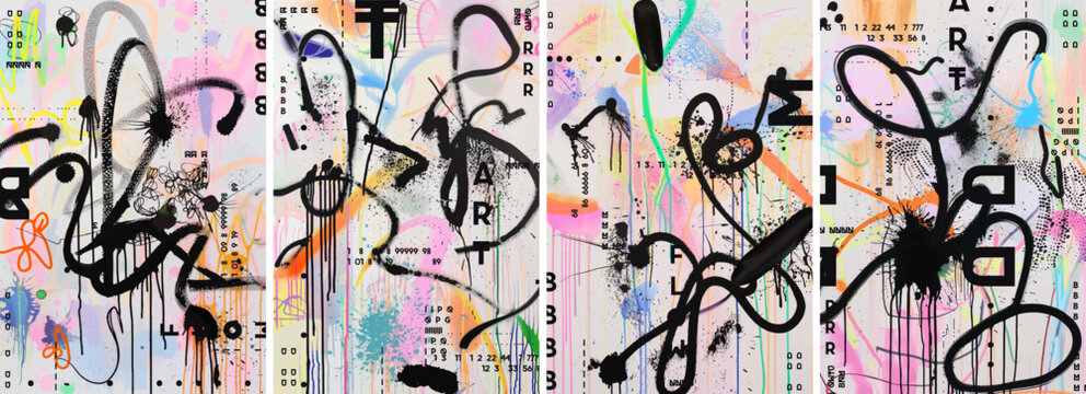 Fototapeta A series of abstract posters with graffiti lettering on a colorful background. The colors include black ink outlines against a backdrop filled with colorful spray paint drips and splatters.