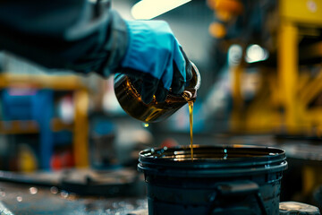 A person is pouring oil into a bucket