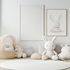 Charming children's room displaying adorable plush toys and a minimalist poster frame bathed in soft, natural light for a cozy atmosphere