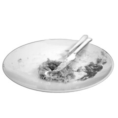 empty plate with cutlery and piece of vegetable sauce after finished meal pixelate grayscale color halftone dotted texture style collage element