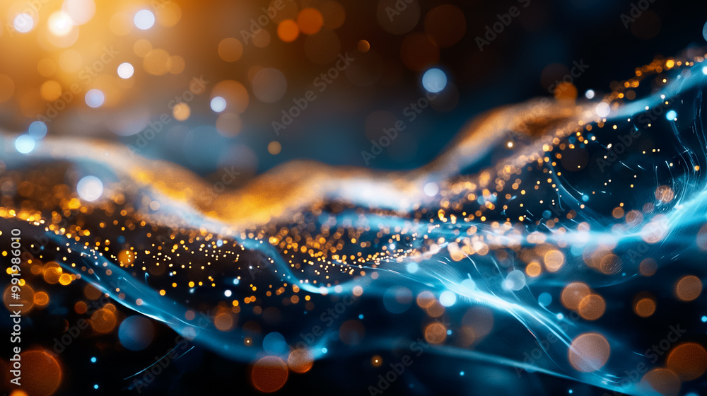 Poster a mesmerizing display of glowing waves in blue and gold, creating a fluid motion that captures the e