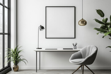 A serene office desk setup highlighting a minimalistic style with a framed mockup wall and natural light streaming in