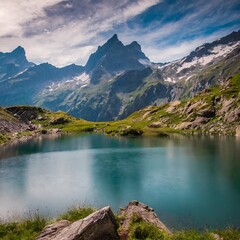Naklejka premium Serene Lakes and Majestic Peaks in the Swiss Alps, Europe’s Mountain Paradise