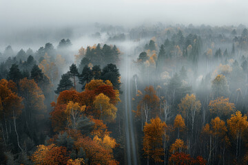 A foggy forest with trees in autumn colors