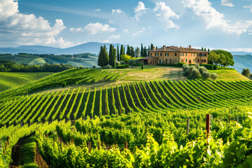 A vineyard with a large house in the background