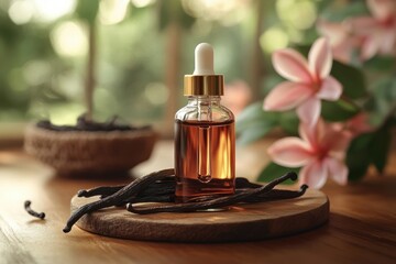 banner with organic vanilla essence in a dropper bottle and whole beans, promoting the concept of vanilla extract