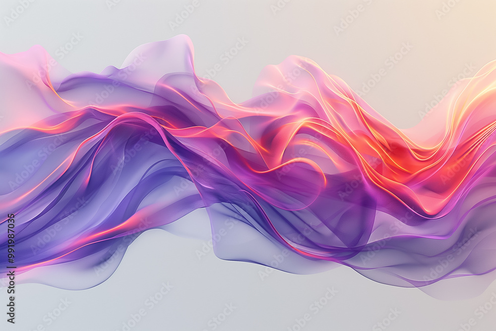 Poster a vibrant wallpaper features flowing waves of purple and orange hues, creating a dynamic and abstrac