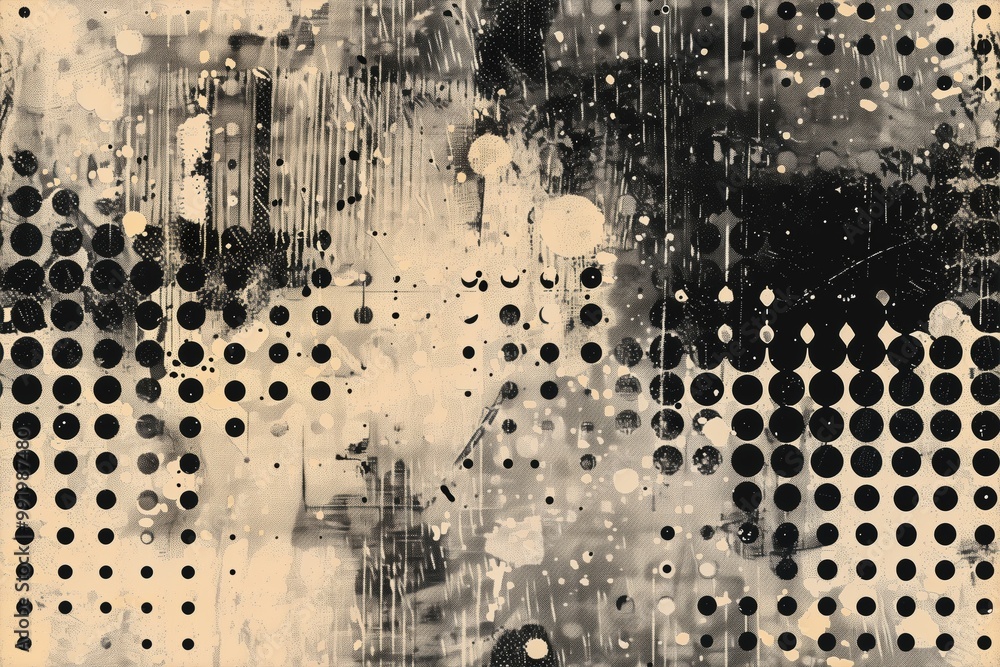 Poster an seamless distressed halftones abstract composition featuring a mix of black and white textures, w