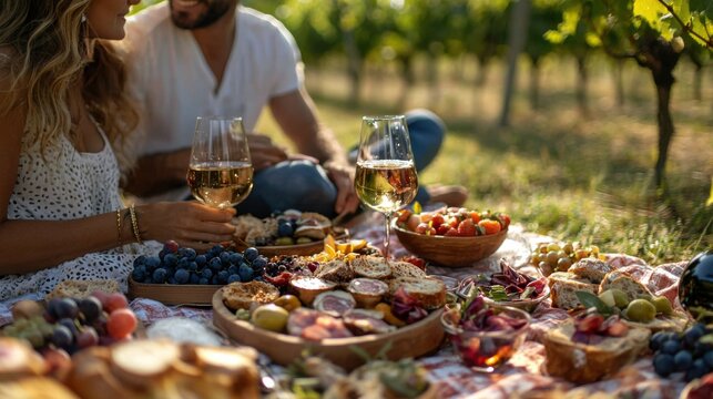 Beautiful couple having romantic breakfast with lots of tasty food and wine, sitting together on the picnic blanket at the vineyard on a sunny morning