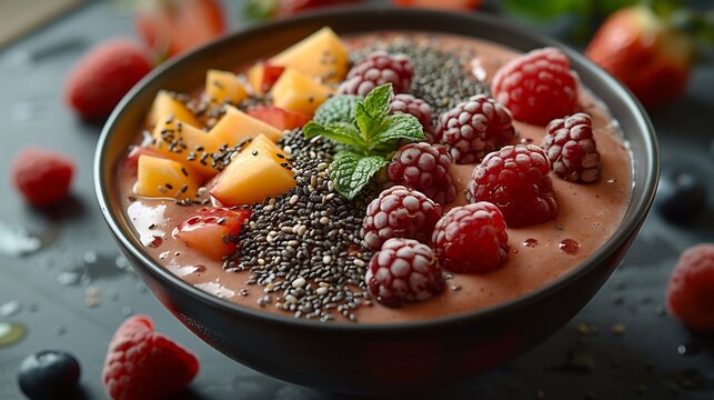 Tamarind smoothie bowl topped chia seeds fresh fruit vibrant smoothie in focus and the kitchen backdrop softly blurred promoting tamarinds role in a healthy breakfast Scientific name Tamarindus indica